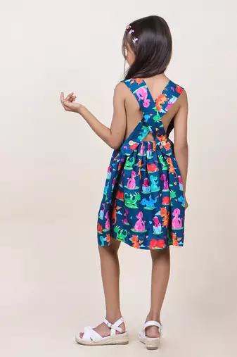 girl's navy blue animal printed cotton dress
