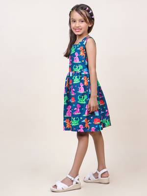 girl's navy blue animal printed cotton dress 3