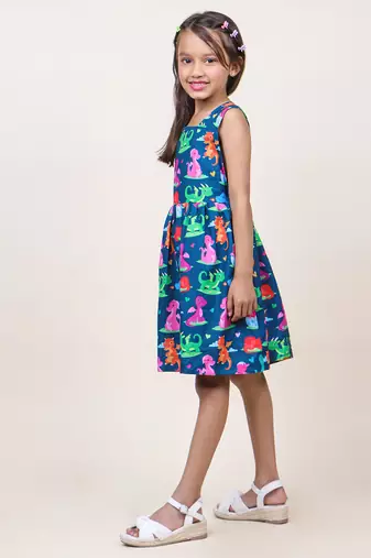 girl's navy blue animal printed cotton dress