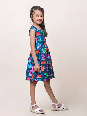 girl's navy blue animal printed cotton dress 4