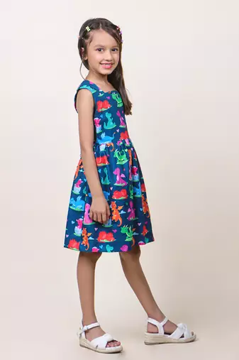 girl's navy blue animal printed cotton dress