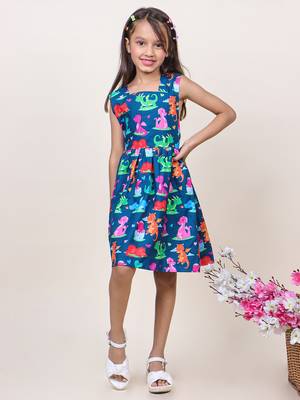 girl's navy blue animal printed cotton dress 5