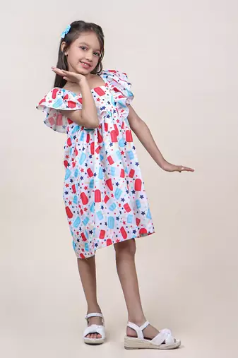 girl's candy printed white cotton dress