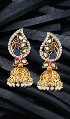 Peacock Design Kundan Stone Meenakari Jhumka Style Dangle Earrings 1