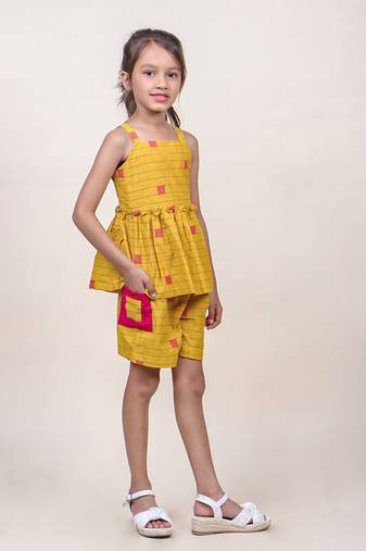 Jilmil girl's mustard checks cotton top & shorts