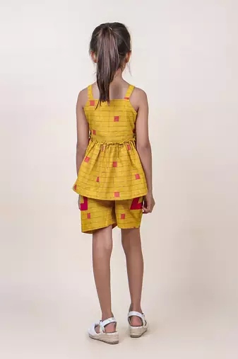 girl's mustard checks cotton top & shorts