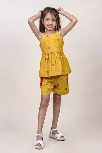 girl's mustard checks cotton top & shorts