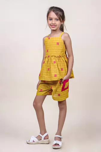 girl's mustard checks cotton top & shorts