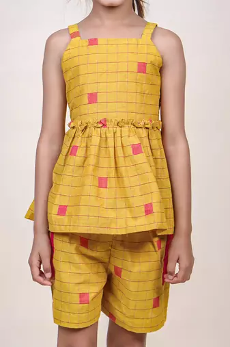 girl's mustard checks cotton top & shorts