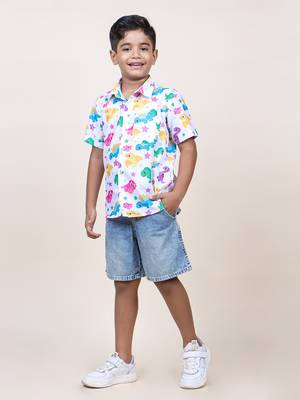 boy's white dinasour printed cotton shirt 1