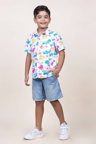 Jilmil boy's white dinasour printed cotton shirt
