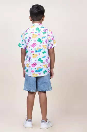 boy's white dinasour printed cotton shirt