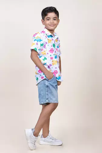 boy's white dinasour printed cotton shirt