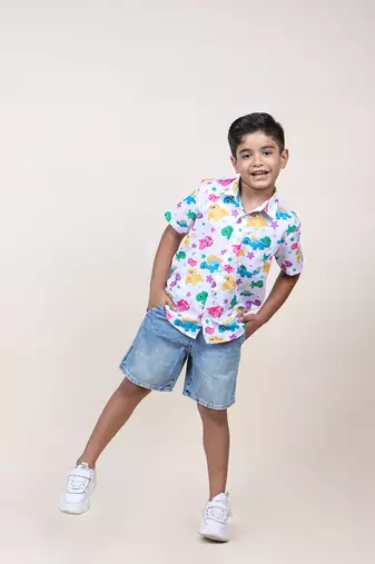boy's white dinasour printed cotton shirt