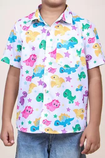 boy's white dinasour printed cotton shirt