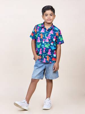 boy's navy blue dinasour printed cotton shirt 1