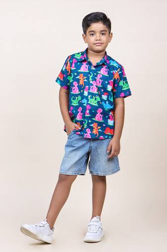 Jilmil boy's navy blue dinasour printed cotton shirt