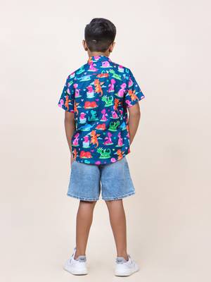 boy's navy blue dinasour printed cotton shirt 2