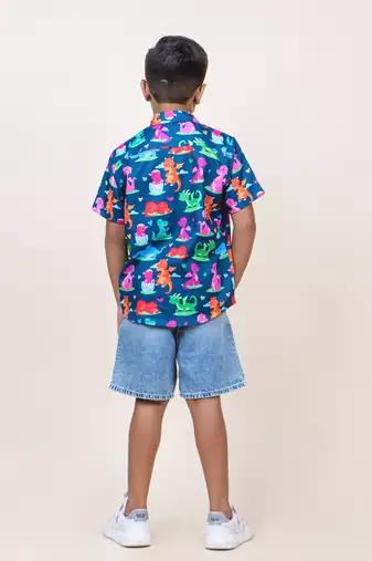 boy's navy blue dinasour printed cotton shirt