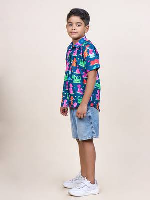 boy's navy blue dinasour printed cotton shirt 3