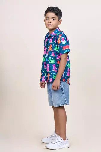 boy's navy blue dinasour printed cotton shirt
