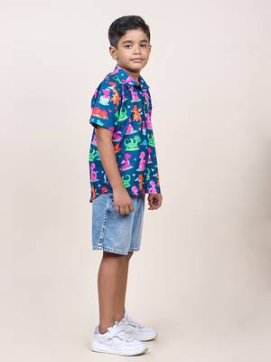 boy's navy blue dinasour printed cotton shirt 4