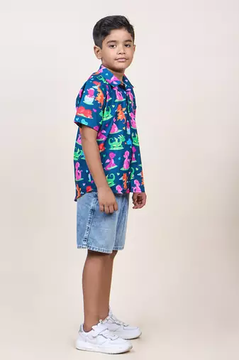 boy's navy blue dinasour printed cotton shirt