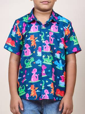 boy's navy blue dinasour printed cotton shirt 5