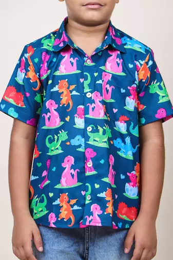 boy's navy blue dinasour printed cotton shirt