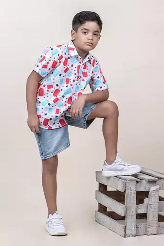 boy's white candy printed cotton shirt