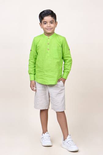 Jilmil boy's green checks cotton shirt