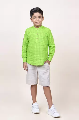 Jilmil boy's green checks cotton shirt