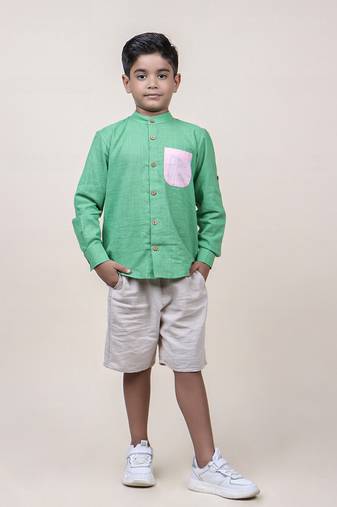 boy's seen colorblocked rolled up cotton shirt