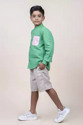 boy's seen colorblocked rolled up cotton shirt