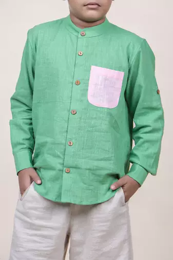 boy's seen colorblocked rolled up cotton shirt