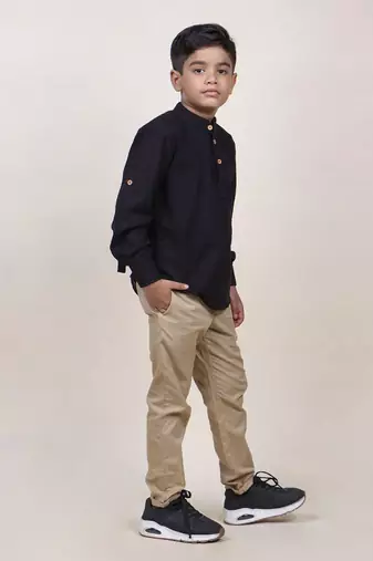 boy's black rolled up cotton shirt
