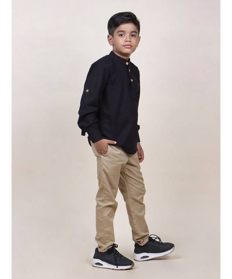 boy's black rolled up cotton shirt