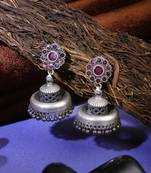 Oxidised pink stone-studded pearl-tessels jhumkis