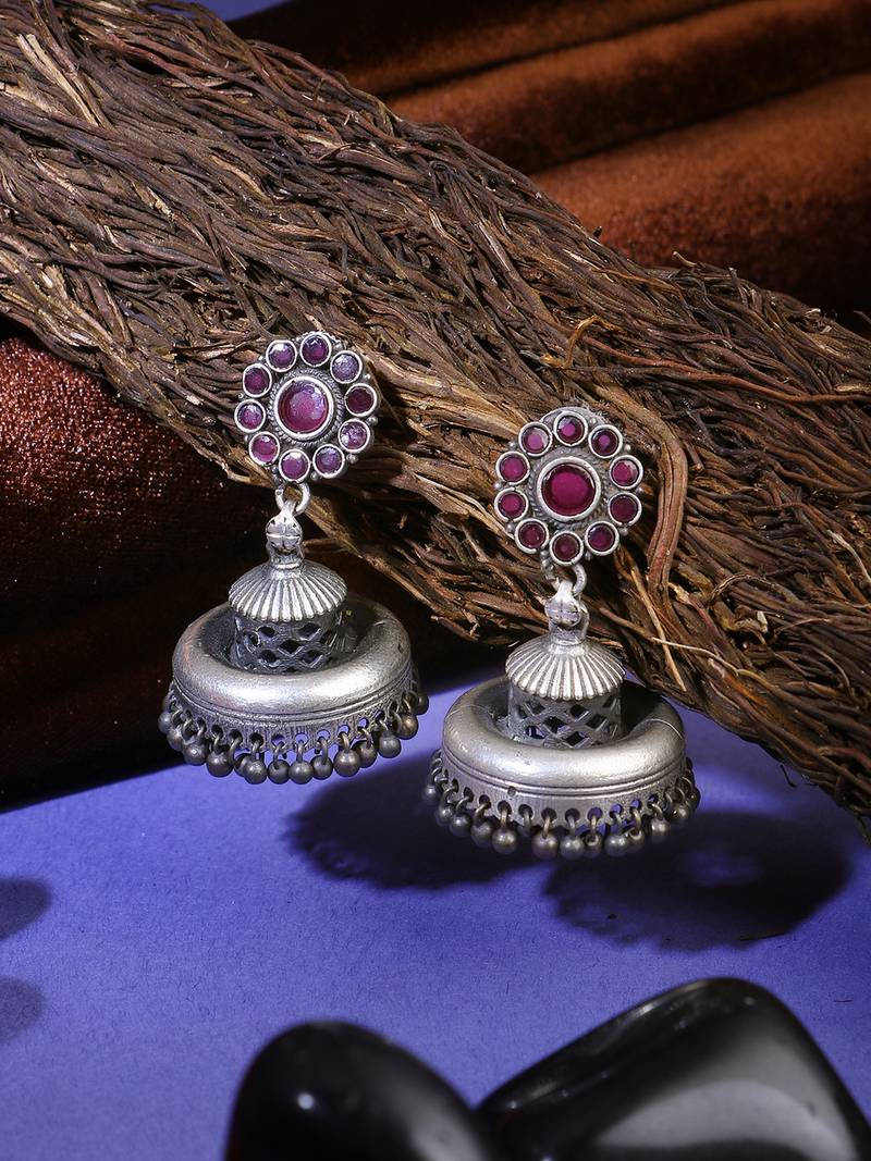 Oxidised pink stone-studded pearl-tessels jhumkis