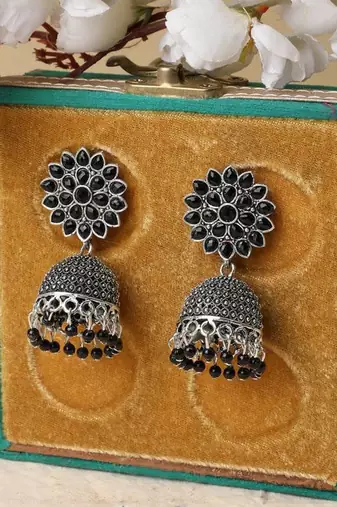 Oxidised Black Color Stone Studded Classic Jhumka Earring