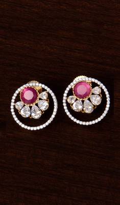 Ruby and American Diamond Embellished Gold Plated Stud Earrings 216ED214 1