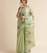 Green Embellished  Organza Designer Party Wear Saree With Blouse Piece