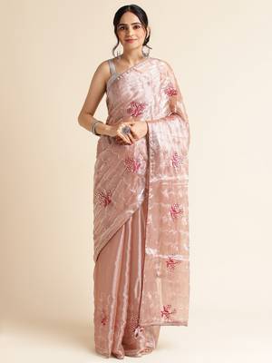 Brown Embellished  Organza Designer Party Wear Saree With Blouse Piece 1