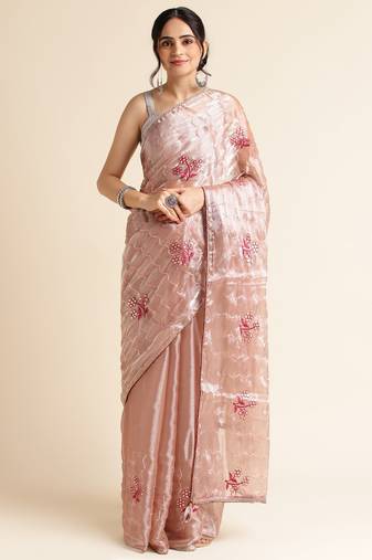 Brown Embellished  Organza Designer Party Wear Saree With Blouse Piece