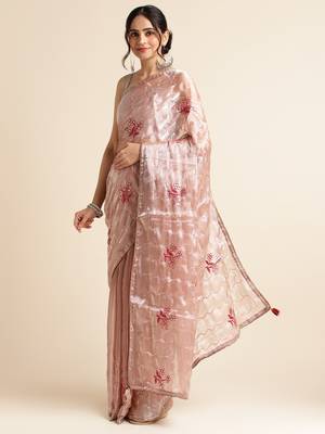Brown Embellished  Organza Designer Party Wear Saree With Blouse Piece 2