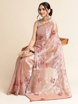 Brown Embellished  Organza Designer Party Wear Saree With Blouse Piece 3