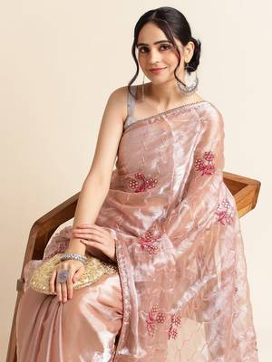 Brown Embellished  Organza Designer Party Wear Saree With Blouse Piece 4
