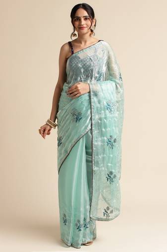 Sea Green Embellished  Organza Designer Party Wear Saree With Blouse Piece