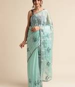 Sea Green Embellished  Organza Designer Party Wear Saree With Blouse Piece