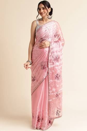 Peach Embellished  Organza Designer Party Wear Saree With Blouse Piece